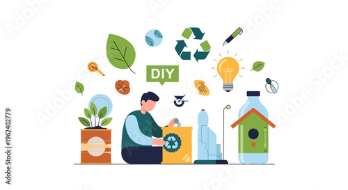 Sustainable DIY Recycling and Upcycling for Creative Eco-Friendly Projects. Green Living and Environmental Protection through Do It Yourself Innovations.