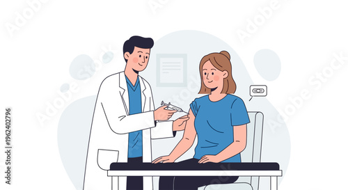 Doctor gives injection to woman in hospital clinic room setting