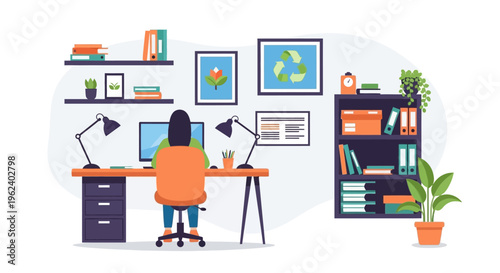 Woman Working Remotely at Modern Home Office Desk with Computer, Organized Shelves, and Greenery - Flat Vector Illustration