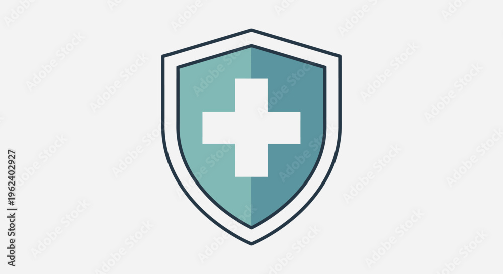 Fototapeta premium A medical shield icon with a white cross is displayed prominently.