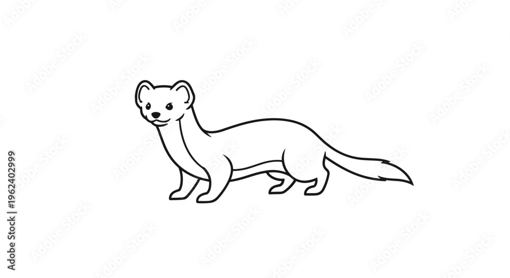 Fototapeta premium Simple black and white line art illustration of a cute weasel, standing in profile, showcasing its slender body and distinctive facial features.