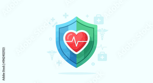 A shield protects a heart with a medical heartbeat line inside it.