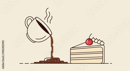 Coffee spills from a cup onto a table next to a slice of cake.