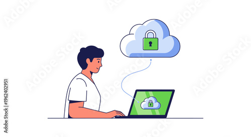 Man sitting at laptop with cloud and lock above