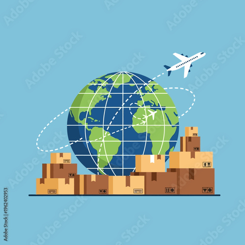 Global shipping and logistics concept: cargo boxes, airplane, and world globe with flight paths