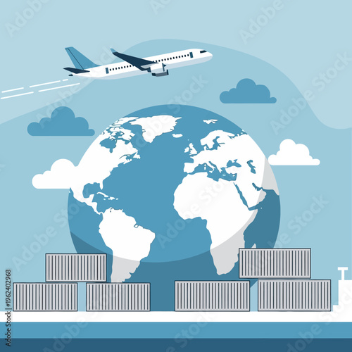 Global shipping and logistics: Airplane flying over Earth with cargo containers