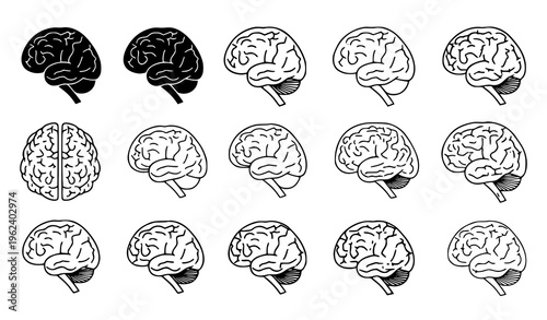 Human Brain Icon Set – Solid and Outline Style Creative Idea Vector Collection