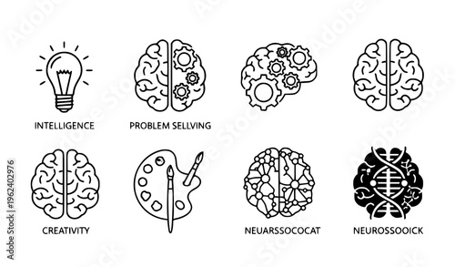 Modern Human Brain Icon Set – Intelligence and Idea Concept Vector Icons