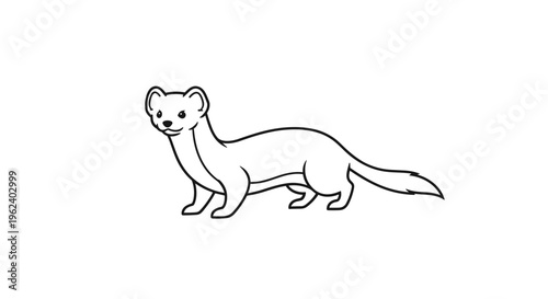 Simple black and white line art illustration of a cute weasel, standing in profile, showcasing its slender body and distinctive facial features.