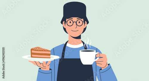 Woman in apron holding coffee and chocolate cake on a plate indoors