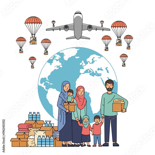 Humanitarian Aid Delivery: Family Receives Supplies Dropped by Plane Over Globe