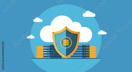 A shield protects servers and data under a cloud with security.