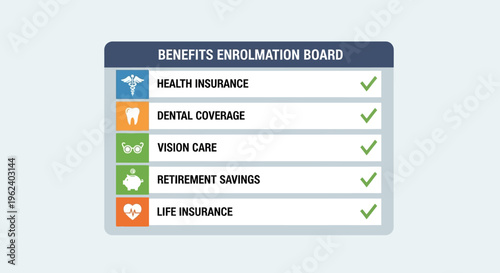 Benefits Enrolment Board with Health, Dental, Vision, Retirement and Life Insurance