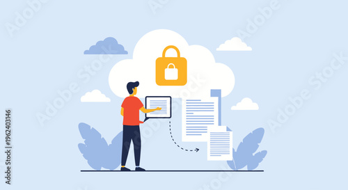 Man holding laptop with security padlock on cloud storage data protection
