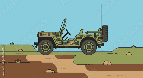 Military vehicle drives across desert landscape with rocks and antennae raised high