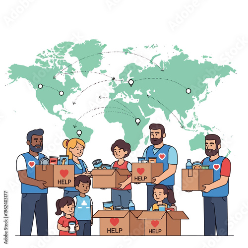 Volunteers distributing aid boxes globally, symbolizing humanitarian help and international support.