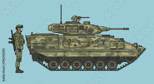 Soldier standing beside military tank on a field