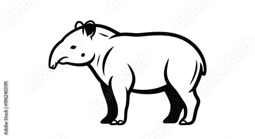 Simple black and white line art illustration of a sturdy tapir, standing in profile, highlighting its unique flexible snout and robust body.
