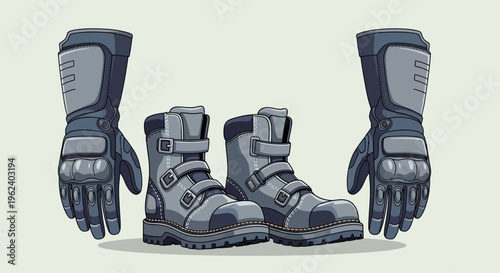 A pair of gray protective gear and boots laid out on the ground for inspection.