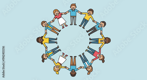 Diverse group of people join hands in a circle outdoors together