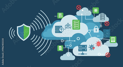 Cloud computing security system protects data with shield and lock icons.