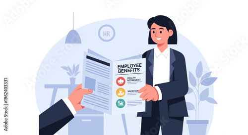 Businesswoman receives employee benefits in office setting from colleague