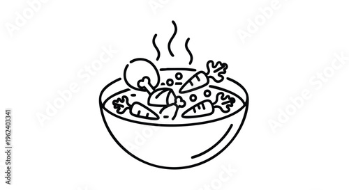 A black and white line drawing of a bowl of soup, with carrots, meat, and steam. The bowl is round, and the background is white