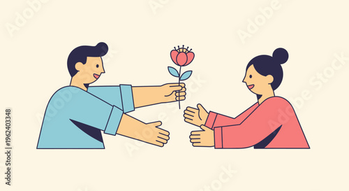 Man giving flower to woman in romantic gesture indoors