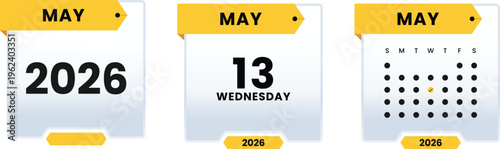 May 13 2026 Wednesday Calendar Icon Set Highlighting Specific Weekday Date with Monthly Grid View and Yearly Planner Graphic Elements for Digital Scheduling and Events