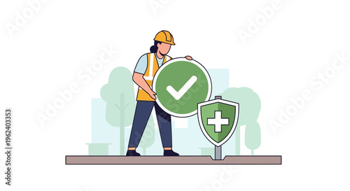 A worker in a hard hat holds a green checkmark sign next to a shield with a cross.