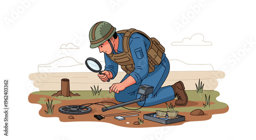 Soldier examines metal detector findings on desert terrain with magnifying glass closely.