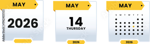 May 14 2026 Thursday Calendar Icon Set Highlighting Specific Weekday Date with Monthly Grid View and Yearly Planner Graphic Elements for Digital Scheduling and Events