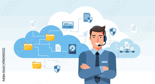 Man wearing headset interacts with cloud computing icons and data storage symbols