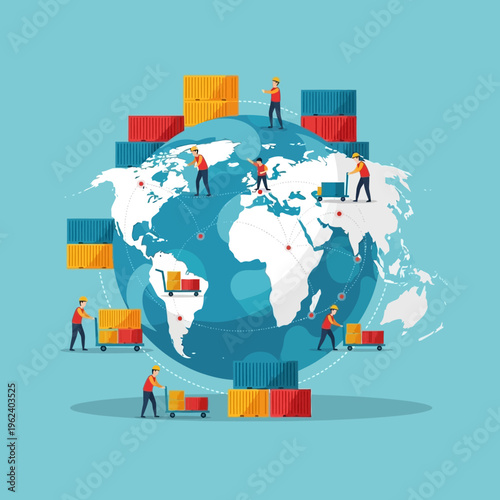 Global Logistics and Shipping: World Map with Cargo Containers and Workers
