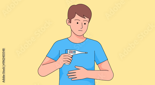 Man holding a thermometer checking body temperature feeling unwell indoors