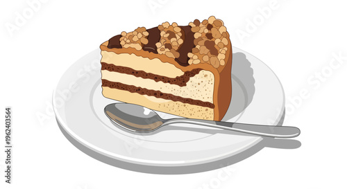 A slice of chocolate cake with nuts on a plate and fork