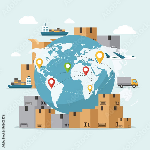 Global Logistics and Shipping: World Map, Cargo Ships, Airplane, Trucks, and Boxes