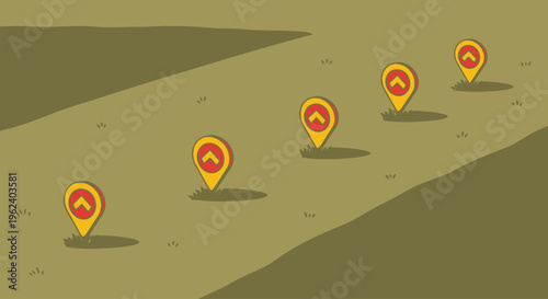 Several location markers are placed on a road map surface.