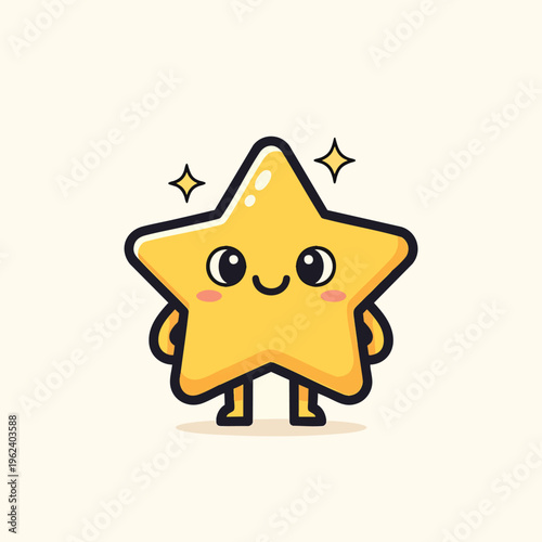 A cute, cartoon-style character depicting a yellow, five-pointed shape with a smiling face, arms, and legs. Sparkles emanate