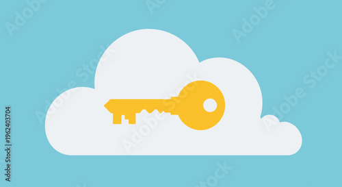 A key is placed on a cloud in the sky with blue background.