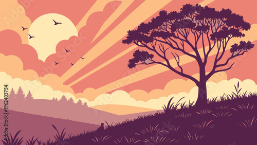 Dramatic sunset with sun rays bursting through clouds over rolling hills and a silhouetted tree in orange and purple with flat design