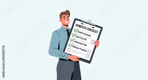 A man happily holds a checklist on clipboard indoors