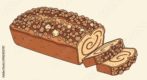 A delicious chocolate cinnamon swirl bread loaf with chocolate chips sliced on a table indoors.