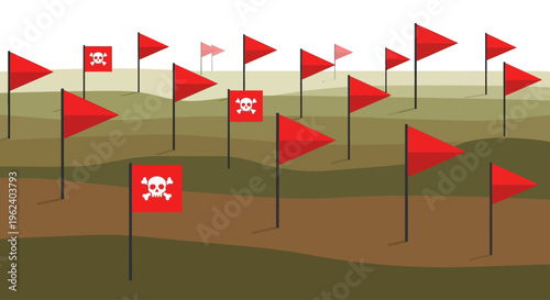 Red flags are planted on a brown and green landscape with various symbols.