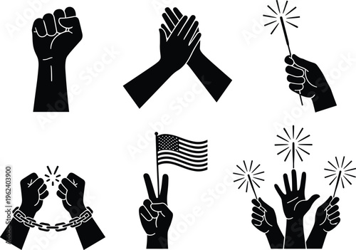 American independence day Black and white hand silhouettes with fireworks and american flag hands fists clapping