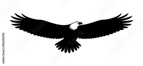 Bald eagle silhouette in full flight, wings fully extended. High-detail feather tips. Ideal for patriotic, military, sports logos, and real estate branding.