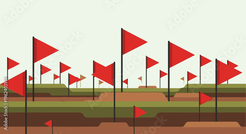 Many red flags are planted in a golf course with obstacles and holes