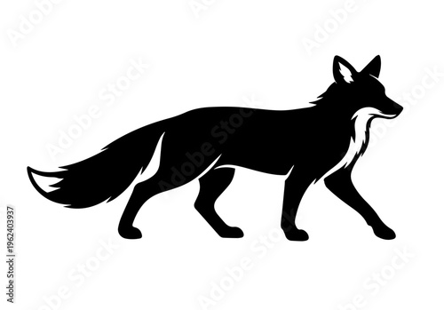 Red fox silhouette mid-stride with bushy tail. Elegant vector perfect for autumn designs, woodland branding, children's products, and Scandinavian-style décor.