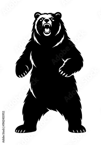 Grizzly bear silhouette rearing on hind legs, powerful front-facing stance. Great for sports mascots, camping brands, craft breweries, and conservation logos.
