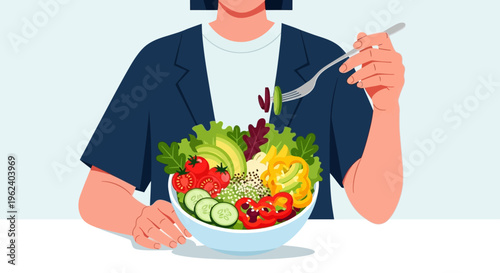 Person eating salad with fork at table indoors with healthy food